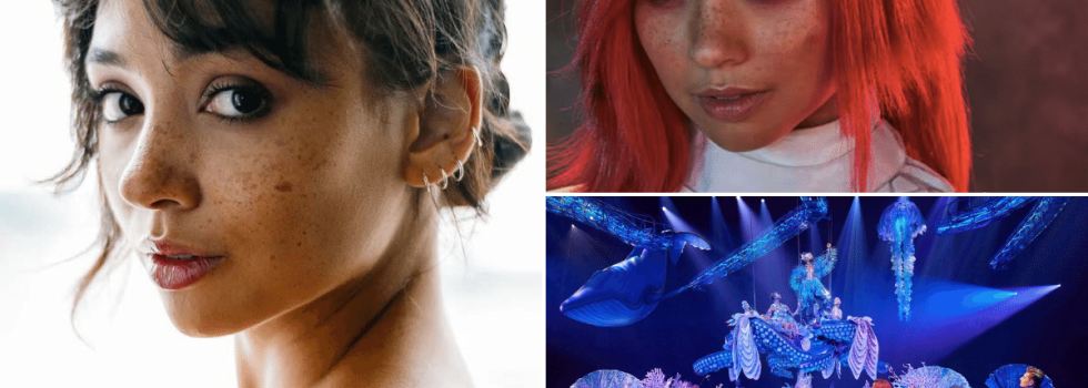 Collage Of Donna Including A Head Shot, A Head Shot Of Her As The Awakening Character, And A Scene From The Show With The Cast Performing